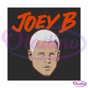 Illustration of a person's face with a serious expression, short white hair, and dark eyebrows, set against a dark background. Above the face, bold red-orange text reads "JOEY B.