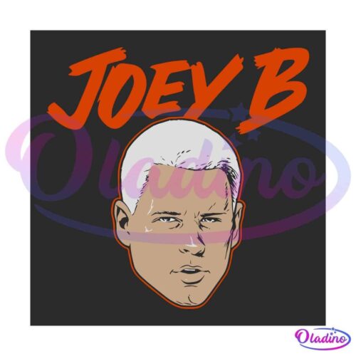 Illustration of a person's face with a serious expression, short white hair, and dark eyebrows, set against a dark background. Above the face, bold red-orange text reads "JOEY B.