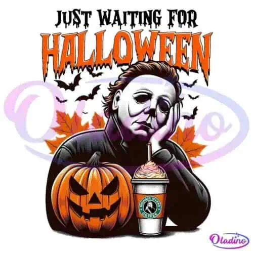 A black and white illustration features a tired-looking person with a mask resting their head on their hand, next to a carved pumpkin and a coffee cup labeled "Haddonfield Coffee." Above, in dark and spooky text, it reads, "Just Waiting for Halloween.