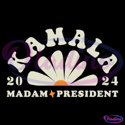 A graphic features the text "KAMALA 2024 MADAM PRESIDENT" in bold, stylized font. A white flower with a yellow center is positioned between "KAMALA" and "MADAM PRESIDENT." The design suggests a presidential campaign theme.