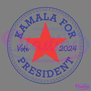 A circular logo with a red star in the center. Blue text around the star reads "Kamala For President" at the top and bottom, and "Vote 2024" to the left and right. The text is styled to resemble stitching or embroidery.