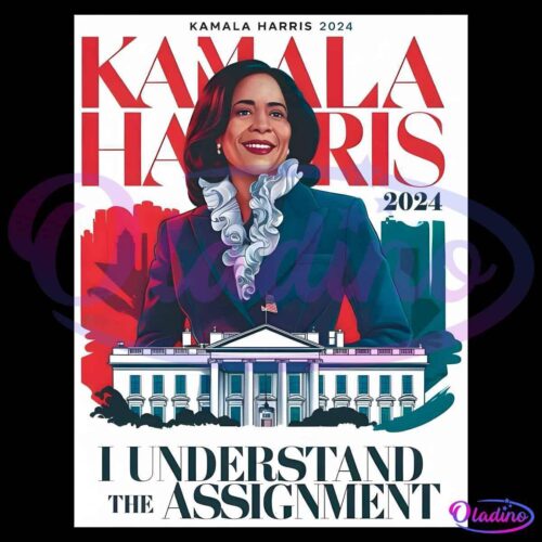 A campaign poster featuring Kamala Harris in front of the White House. She is depicted smiling and wearing a blue suit with a ruffled blouse. Large text reads "Kamala Harris 2024" at the top and "I understand the assignment" at the bottom.