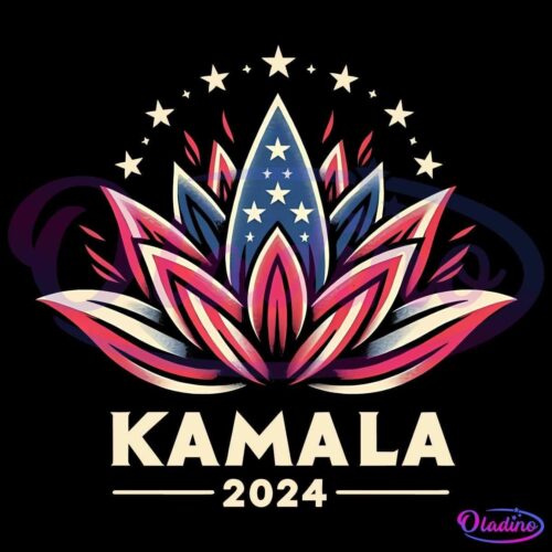 A stylized lotus flower with red, white, and blue petals, some featuring stars, above the text "KAMALA 2024." The flower is set against a black background with an arc of stars above.