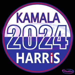 A circular campaign logo with "Kamala" in red at the top, "2024" in large white numbers in the center split between a white and blue background, and "Harris" in smaller white letters at the bottom with a red "i".