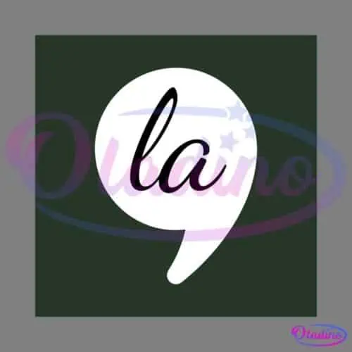 A white speech bubble with the cursive letters "la" inside is centered on a dark green background. The speech bubble's tail points downward.