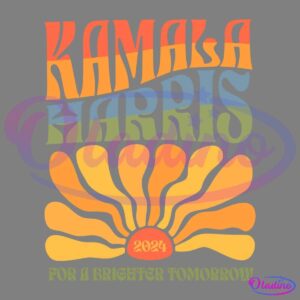 A retro-styled campaign poster reads "Kamala Harris" in bold, colorful, wavy letters. Below, a stylized sun with rays spreading out, has "2024" in its center. The text at the bottom reads, "For a Brighter Tomorrow.