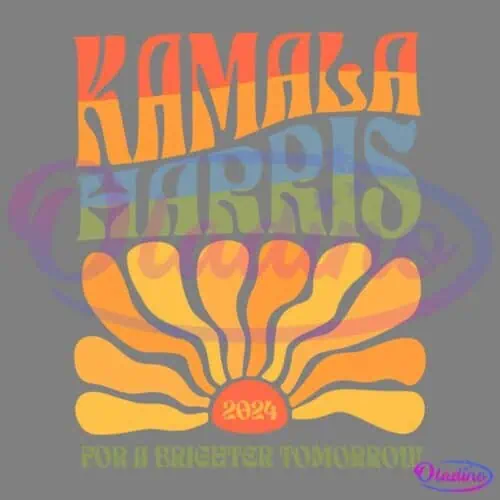 A retro-styled campaign poster reads "Kamala Harris" in bold, colorful, wavy letters. Below, a stylized sun with rays spreading out, has "2024" in its center. The text at the bottom reads, "For a Brighter Tomorrow.