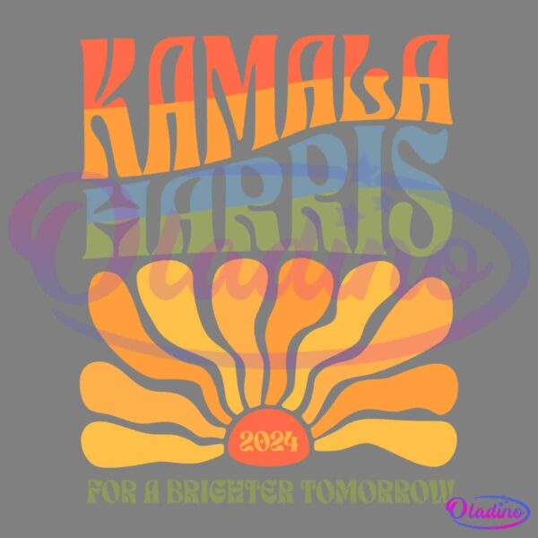 A retro-styled campaign poster reads "Kamala Harris" in bold, colorful, wavy letters. Below, a stylized sun with rays spreading out, has "2024" in its center. The text at the bottom reads, "For a Brighter Tomorrow.