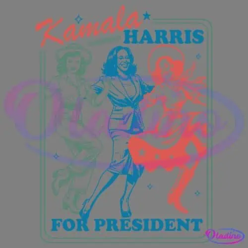 Illustration of three joyful women holding hands, dressed in varying vintage attire. The text "Kamala Harris for President" appears prominently, with "Kamala" in red and "Harris" in blue. The overall design features a retro-style color scheme and layout.