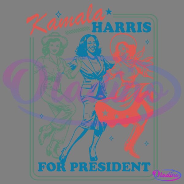 Illustration of three joyful women holding hands, dressed in varying vintage attire. The text "Kamala Harris for President" appears prominently, with "Kamala" in red and "Harris" in blue. The overall design features a retro-style color scheme and layout.
