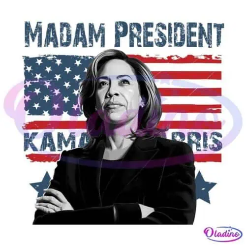 Illustration of a woman with crossed arms in front of an American flag background with the text "MADAM PRESIDENT" and "KAMALA HARRIS." The artwork uses a grayscale palette for the woman and a red, white, and blue color scheme for the flag and text.