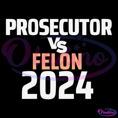 Bold white and orange text on a black background reads: "PROSECUTOR Vs FELON 2024." The word "FELON" is in orange, while the rest of the text is in white. The text suggests a competition or juxtaposition between a prosecutor and a felon in the year 2024.