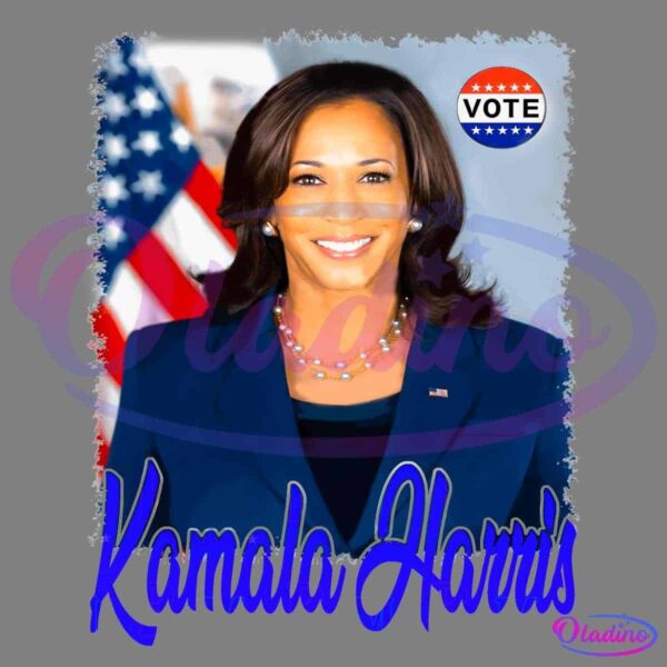 A woman with shoulder-length brown hair and a pearl necklace smiles, wearing a navy blue suit jacket. An American flag is in the background, and a "VOTE" button with stars is at the top right. The text "Kamala Harris" is written at the bottom in blue script.