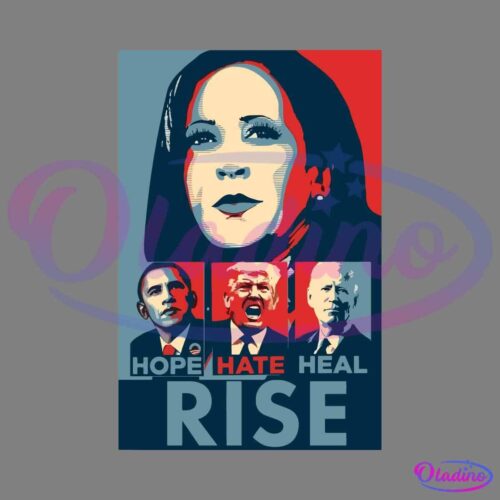 A stylized poster in blue and red depicts four individuals. The top section shows a woman with the word "RISE" below her. The bottom row features three men with the words "HOPE," "HATE," and "HEAL" under them, respectively.