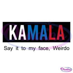 The image features the text "KAMALA" in capital letters on a black background. "K" and "A" are white, the letters "M" and "A" are blue, and the letters "L" and "A" are red.