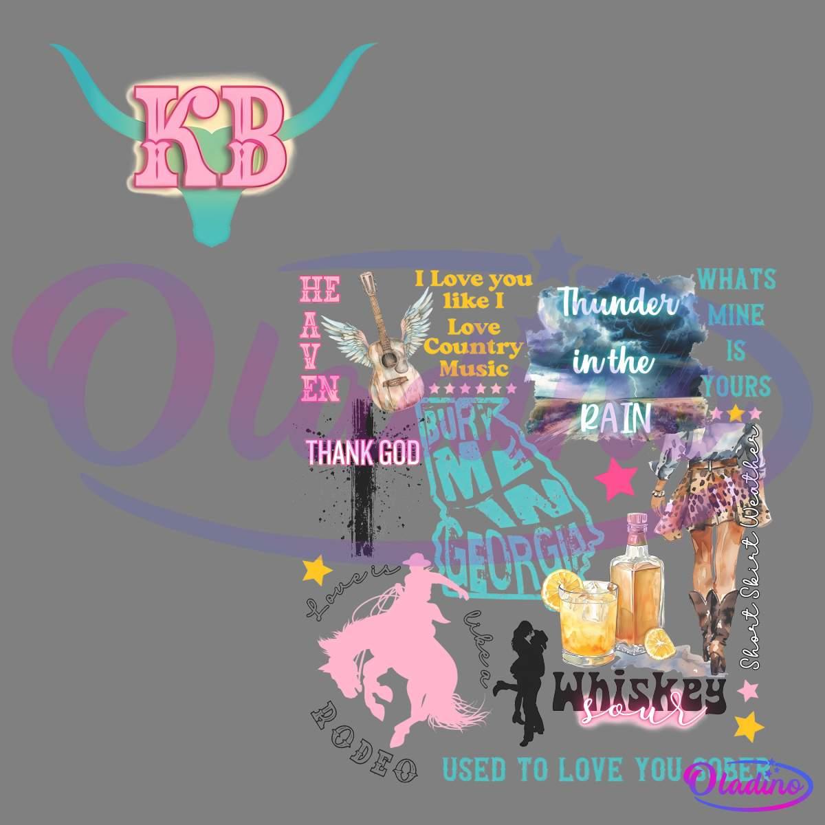 A collage featuring various country-themed elements: lyrics such as "Thunder in the Rain" and "Thank God," images of cowboy boots, a cowboy hat, whiskey bottles, a horse, and a figure of a person riding a horse. There is also a pink and teal "KB" logo at the top left.