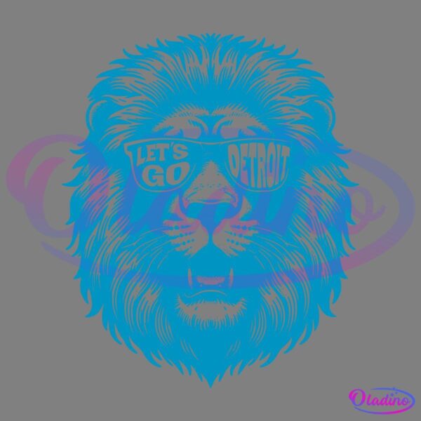 Illustration of a lion's face in blue with a stylized, brushstroke design. The lion is wearing sunglasses that have the words "LET'S GO DETROIT" written on the lenses. The background is solid black.