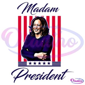 Illustration of a woman with shoulder-length hair smiling and crossing her arms, set against a background of red vertical stripes with blue stars at the bottom. The text "Madam President" is written above and below the image in elegant, cursive font.