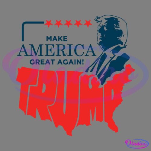 Illustration featuring a stylized outline of the United States with the word "TRUMP" in large red letters. Above, a blue silhouette of a man with five stars and the text "MAKE AMERICA GREAT AGAIN!" in capital letters.