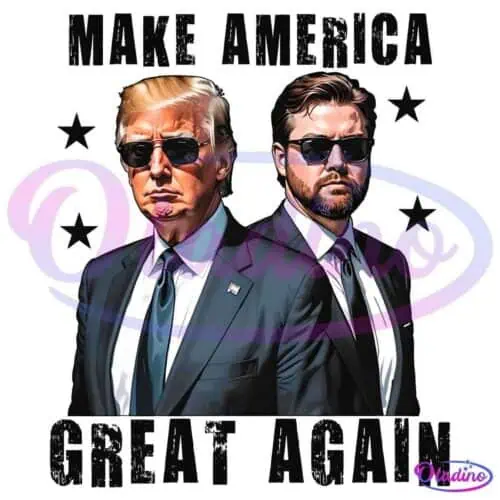 A digitally illustrated image showing two men in suits and sunglasses against a black background with the text "MAKE AMERICA GREAT AGAIN" at the top and bottom. The man on the left has blond hair, while the man on the right has brown hair and a beard.