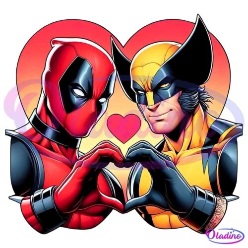 An illustration of Deadpool and Wolverine standing side by side, forming a heart shape with their hands. Both are smiling, and a heart shape is visible between and behind them, glowing with a gradient of red and orange.