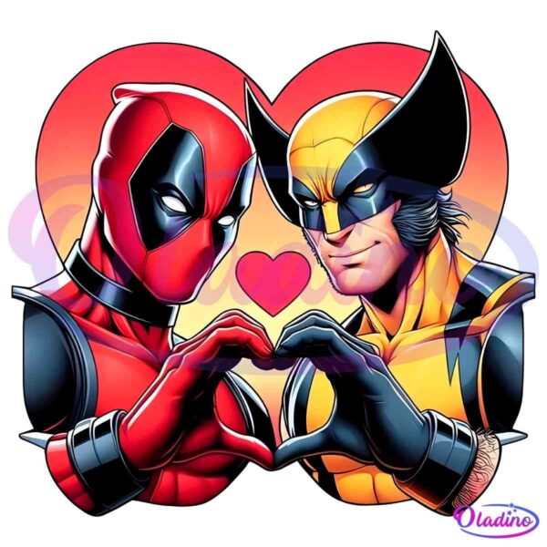 An illustration of Deadpool and Wolverine standing side by side, forming a heart shape with their hands. Both are smiling, and a heart shape is visible between and behind them, glowing with a gradient of red and orange.