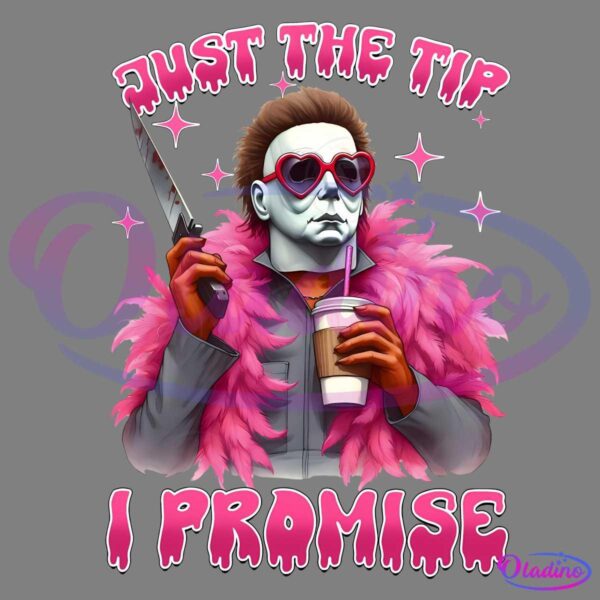 An illustration of a person wearing a pale mask, heart-shaped sunglasses, and a pink feather boa, holding a knife in one hand and a drink in a to-go cup in the other. The text above reads, "JUST THE TIP" and below, "I PROMISE," in dripping pink letters. Pink stars surround the person.