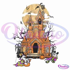 Illustration of two animated mice dressed in Halloween costumes in front of a haunted house. The house is orange with dark windows, surrounded by bare trees, and has a large moon with flying bats in the background. One mouse holds a pumpkin while the other waves.