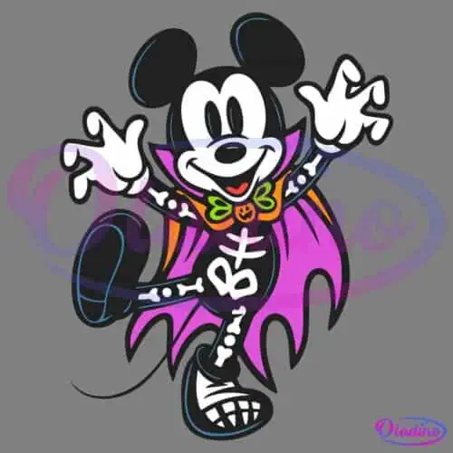 A cartoon mouse character dressed in a skeleton costume and purple cape with orange lining. The character is standing on one foot with arms wide open, smiling, and wearing a green bow tie with an orange pumpkin design at the center.