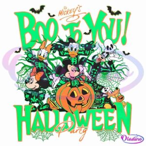 Graphic of Mickey Mouse and friends in Halloween costumes with "Mickey's Boo to You! Halloween Party" text. Mickey wears a vampire costume, Minnie wears a witch hat, Donald Duck is a mummy, and Goofy is a skeleton. There's a large pumpkin and bats around them.