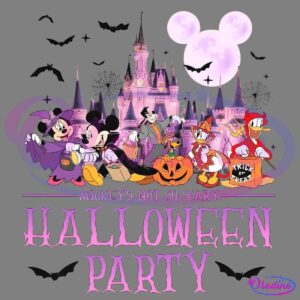 Colorful illustration of Disney characters dressed in Halloween costumes against a pink-lit castle backdrop. Mickey is a vampire, Minnie a witch, Goofy as a mummy, Pluto as a lion, Daisy as a princess, and Donald in a devil outfit. Text reads "Mickey's Not So Scary Halloween Party.