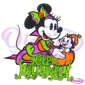 A cartoon character dressed in a colorful Halloween costume is happily interacting with a playful kitten inside a pumpkin. The text below them reads "Happy Halloween" in a spooky, glittery font. The overall theme is festive and cheerful.