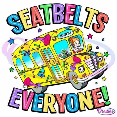 Illustration of a yellow school bus with vibrant, colorful decorations. The bus driver, accompanied by a green character, has their hand on the horn button, making a "Honk!" sound. The surrounding text reads, "SEATBELTS EVERYONE!" in bold and colorful letters.