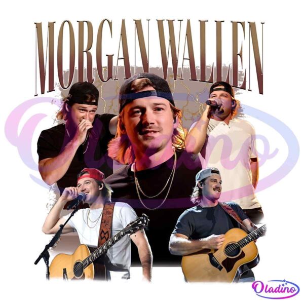 Collage of a man named Morgan Wallen, featuring five images of him performing on stage. In various images, he sings into a microphone and plays an acoustic guitar. He wears different casual outfits, including a red backwards cap and a black shirt with layered necklaces.