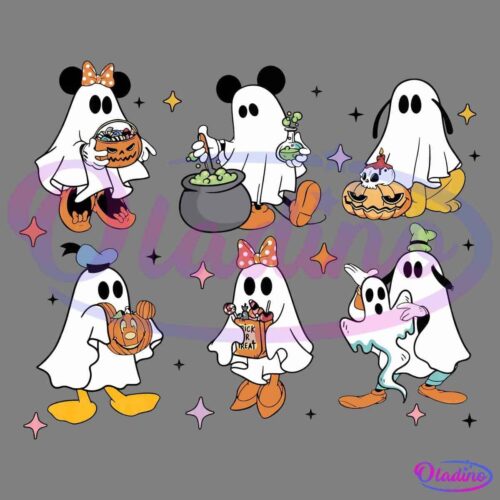 A group of cartoon characters dressed as ghosts celebrate Halloween. They hold various items such as pumpkins, a cauldron, and a trick-or-treat bag. Colorful stars are scattered in the background, enhancing the festive atmosphere.