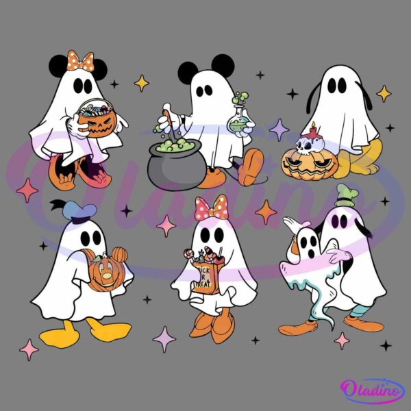 A group of cartoon characters dressed as ghosts celebrate Halloween. They hold various items such as pumpkins, a cauldron, and a trick-or-treat bag. Colorful stars are scattered in the background, enhancing the festive atmosphere.