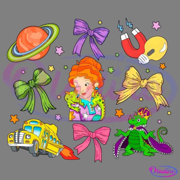A colorful illustration with an array of whimsical elements: a red-haired person with geckos, various bows, a magnet, a light bulb, a yellow school bus with a rocket, stars, a planet with rings, and a green dragon wearing a crown and cape.