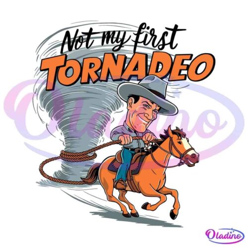 A cartoonish illustration of a man in a cowboy hat riding a horse, holding a lasso, with a large spinning tornado in the background. The word "TORNADEO" is written in bold orange letters at the top.