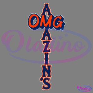 The image features the word "AMAZINGS" written vertically, intersected by the letters "OMG" at the top, creating a cross-like shape. The text is stylized with a bold, orange and blue color scheme. The background is black.