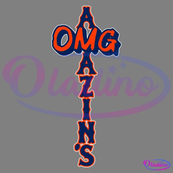 The image features the word "AMAZINGS" written vertically, intersected by the letters "OMG" at the top, creating a cross-like shape. The text is stylized with a bold, orange and blue color scheme. The background is black.