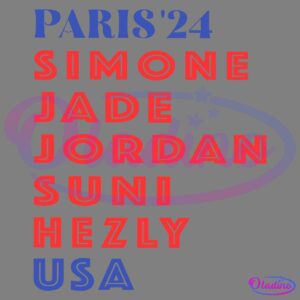 Bold letters spell out "PARIS '24" in blue at the top. Below, red text lists names vertically: "SIMONE," "JADE," "JORDAN," "SUNI," and "HEZLY." At the bottom, "USA" appears in blue. The text likely references American athletes for the Paris 2024 event.