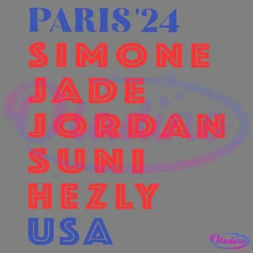 Bold letters spell out "PARIS '24" in blue at the top. Below, red text lists names vertically: "SIMONE," "JADE," "JORDAN," "SUNI," and "HEZLY." At the bottom, "USA" appears in blue. The text likely references American athletes for the Paris 2024 event.