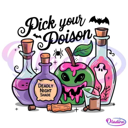 Illustration of a spooky potion set, featuring bottles labeled "Deadly Night Shade," a dripping green poisoned apple with a face, a small beaker, and a bottle with a ghost inside. The scene has a Halloween theme with eerie details.