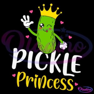 A cartoon pickle wearing a yellow crown waves and winks, surrounded by pink hearts. The words "PICKLE Princess" are written below, with "PICKLE" in white and "Princess" in yellow. The background is black.