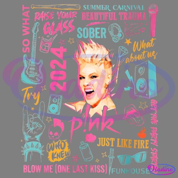 A vibrant graphic featuring a person with spiky hair in the center. Surrounding them are colorful text and illustrations including phrases like "Raise Your Glass," "Sober," "Just Like Fire," and "Blow Me (One Last Kiss)." Among these are drawings of guitars, a speaker, and more.