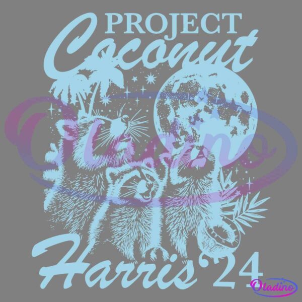 Illustration of three raccoons gazing up at a starry sky and a full moon. The phrase "Project Coconut" is displayed at the top in bold letters, and "Harris '24" is written at the bottom. A palm tree and tropical leaves are also included in the design.