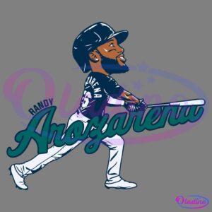 A cartoon illustration of a baseball player in a navy blue and white uniform swinging a bat. The player's name, "Randy Arozarena," is written in stylized, bold text across the image.