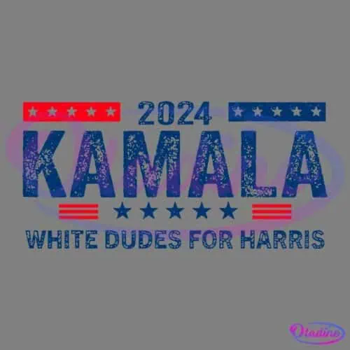 A rectangular logo with a black background features "2024 KAMALA" in distressed blue text with red and blue stars above and below it. Below the main text, in smaller white distressed text, it reads "WHITE DUDES FOR HARRIS," emphasized by two red stripes on each side.