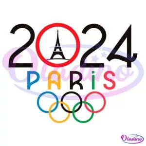 Logo of the Paris 2024 Olympics. The number "0" in "2024" features an Eiffel Tower silhouette. "PARIS" is spelled below in colorful letters, followed by the Olympic rings in blue, yellow, black, green, and red placed horizontally.