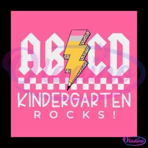 A pink graphic features chunky white text reading "ABCD" with a yellow lightning bolt decorated with leopard print between the "B" and "C." Below, the text "KINDERGARTEN ROCKS!" appears in playful white fonts with a checkered pattern in between.